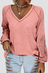Solid Lace Split Joint V Neck T-Shirts Sai Feel